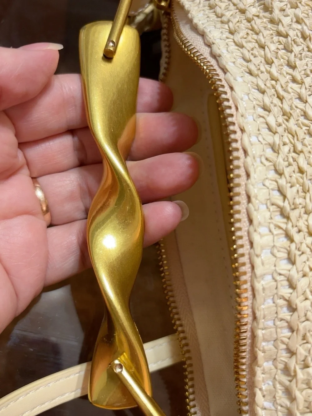 Cream Woven Raffia Mini Crossbody Clutch Bag Sculptural Gold Hardware